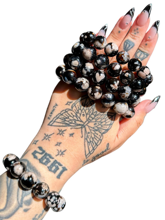 GORGEOUS! Grade AAA FULL Black Flower Agate Bracelet- INCREDIBLE PLUMES! (12.6 mm- 14.6 mm)