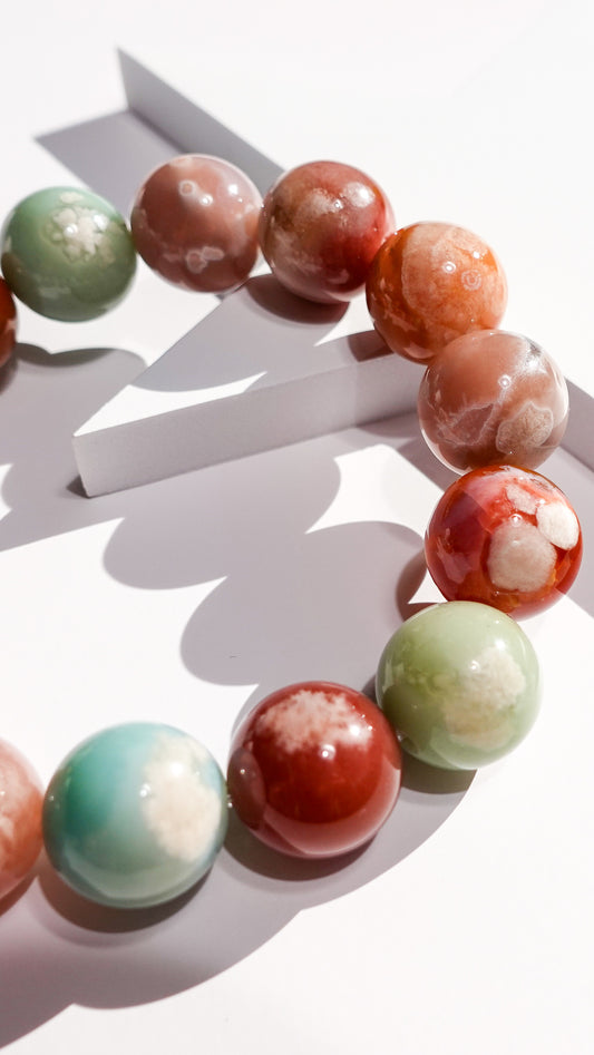 RARE | GORGEOUS! Grade AAA Colorful Flower Agate Bracelet- (14 mm- 14.4 mm)