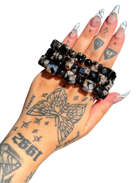 Grade AAA Black Flower Agate Cube Bracelet- GORGEOUS QUALITY! (12.7 mm- 15 mm)